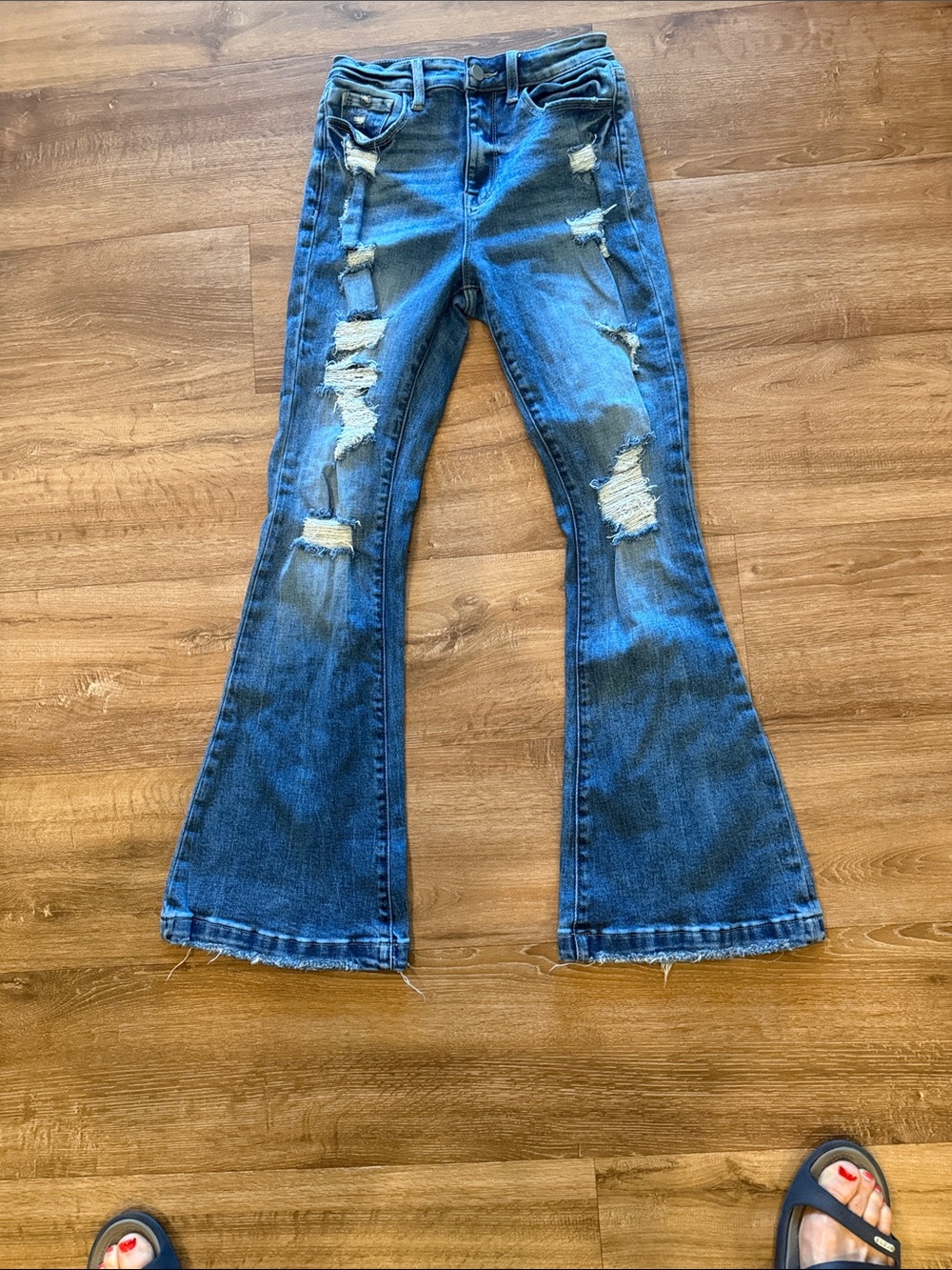 High-Rise Distressed Flare Jeans -Medium Blue 26/30